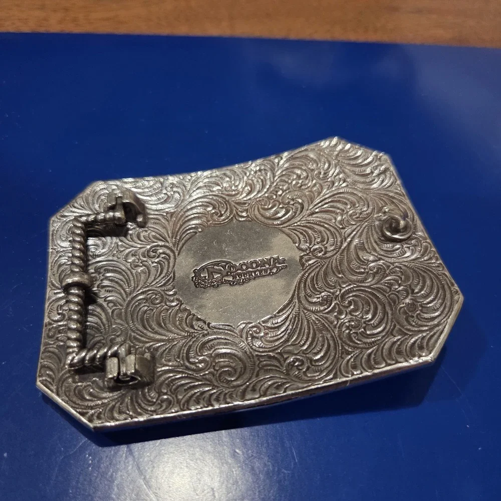 Western Longhorn Steer Head Pewter Tone Belt Buckle Geometric Design